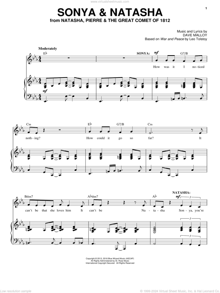Sonya and Natasha sheet music for voice and piano by Josh Groban and Dave Malloy, intermediate skill level