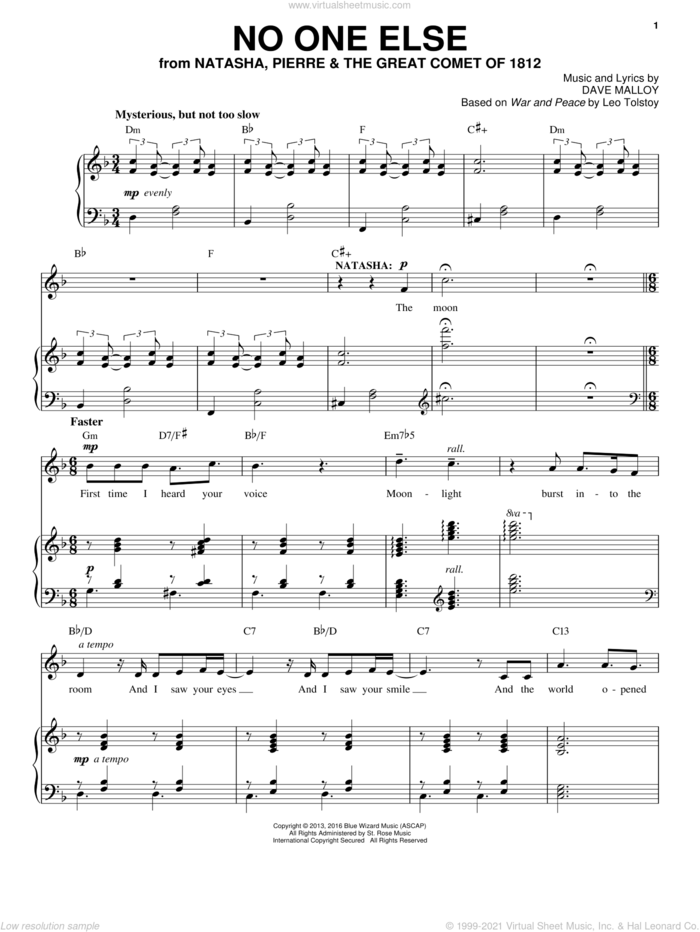 No One Else sheet music for voice and piano by Denée Benton, Josh Groban and Dave Malloy, intermediate skill level
