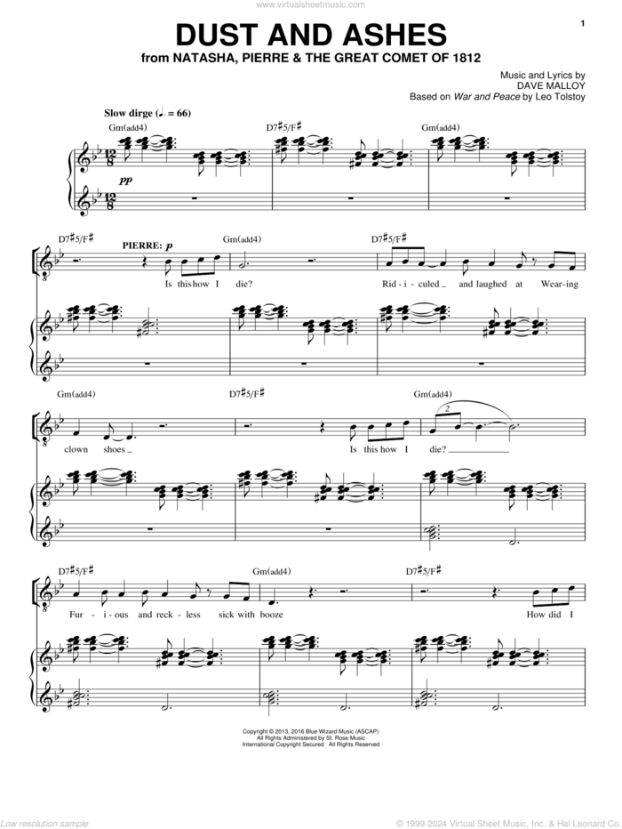 Dust And Ashes sheet music for voice and piano by Josh Groban and Dave Malloy, intermediate skill level