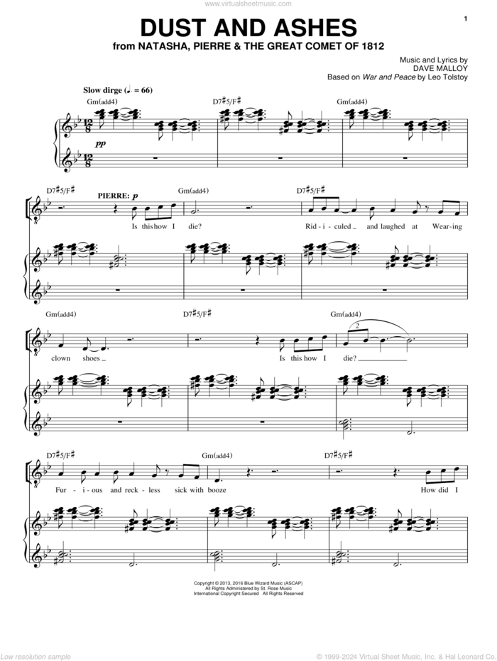 Dust And Ashes sheet music for voice and piano by Josh Groban and Dave Malloy, intermediate skill level