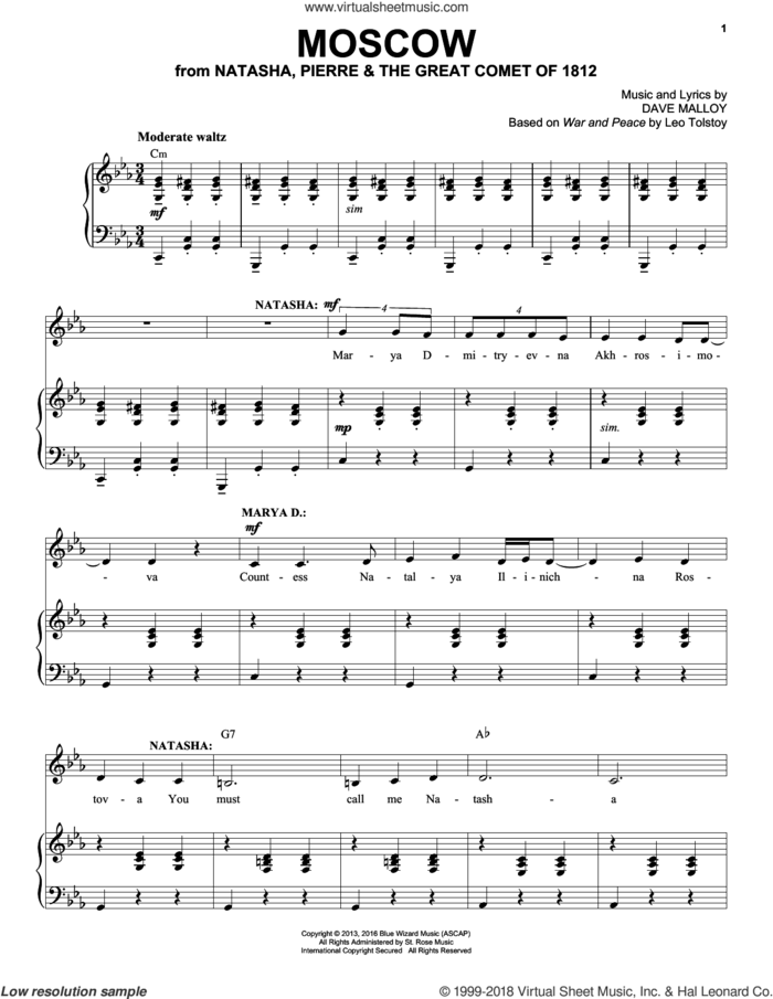 Moscow sheet music for voice and piano by Josh Groban and Dave Malloy, intermediate skill level