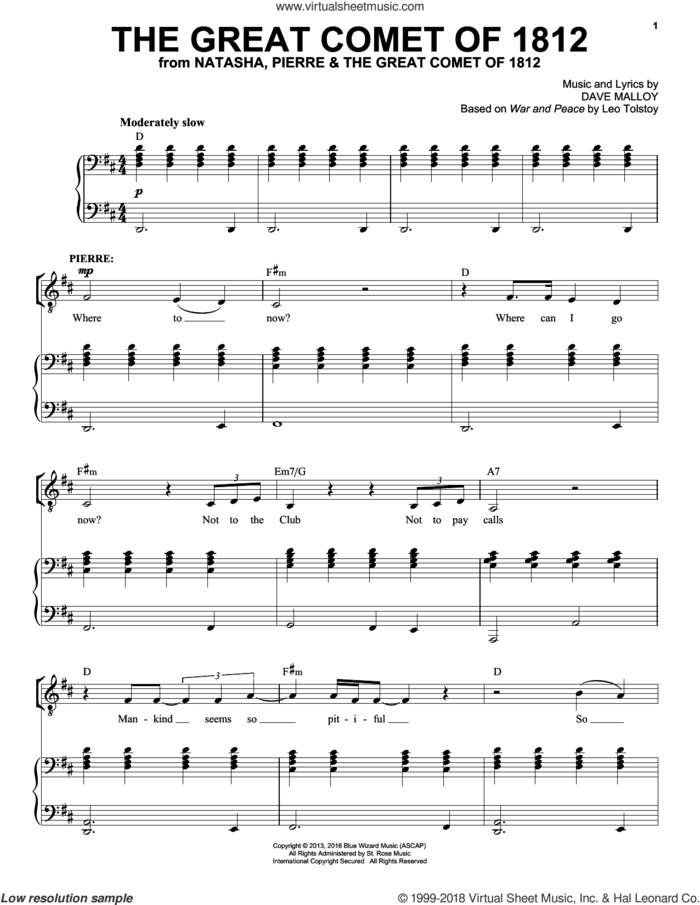 The Great Comet Of 1812 sheet music for voice and piano by Josh Groban and Dave Malloy, intermediate skill level