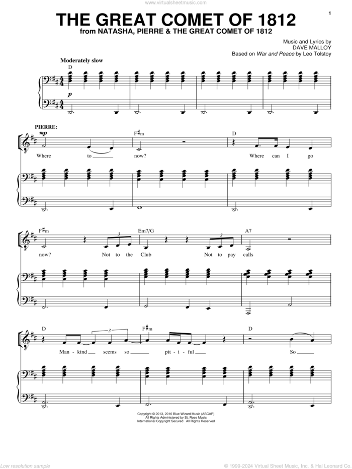 The Great Comet Of 1812 sheet music for voice and piano by Josh Groban and Dave Malloy, intermediate skill level