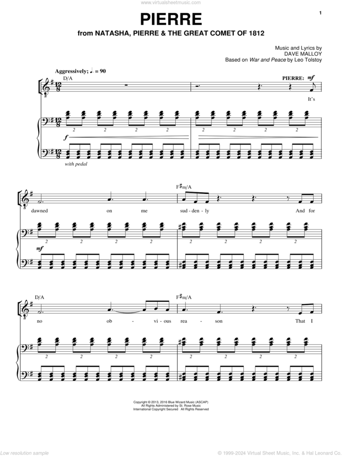 Pierre sheet music for voice and piano by Josh Groban and Dave Malloy, intermediate skill level