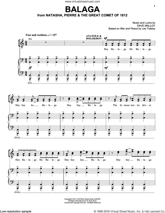 Balaga sheet music for voice and piano by Josh Groban and Dave Malloy, intermediate skill level