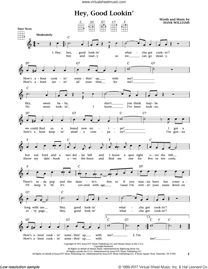 Hey, Good Lookin' (from The Daily Ukulele) (arr. Liz and Jim Beloff) sheet music for ukulele by Hank Williams, Jim Beloff and Liz Beloff, intermediate skill level