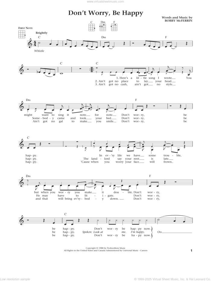 Don't Worry, Be Happy (from The Daily Ukulele) (arr. Liz and Jim Beloff) sheet music for ukulele by Bobby McFerrin, Jim Beloff and Liz Beloff, intermediate skill level