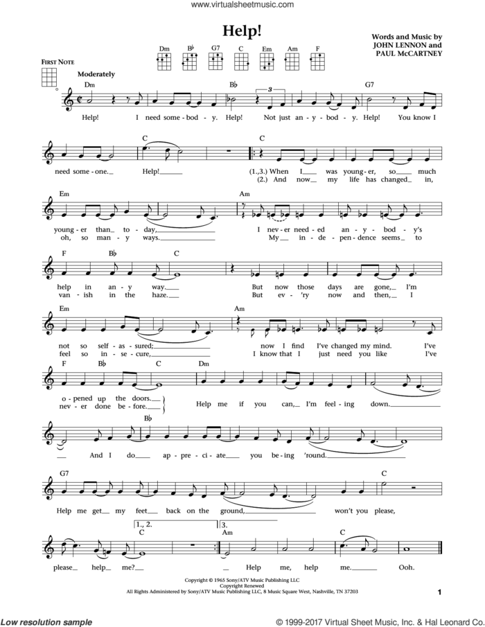 Help! (from The Daily Ukulele) (arr. Liz and Jim Beloff) sheet music for ukulele by The Beatles, Jim Beloff, Liz Beloff, John Lennon and Paul McCartney, intermediate skill level