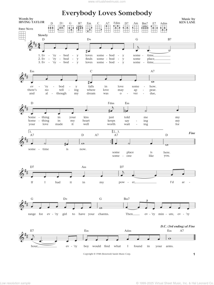 Everybody Loves Somebody (from The Daily Ukulele) (arr. Liz and Jim Beloff) sheet music for ukulele by Dean Martin, Jim Beloff, Liz Beloff, Irving Taylor and Ken Lane, intermediate skill level