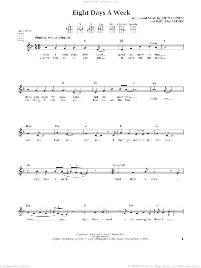 Eight Days A Week (from The Daily Ukulele) (arr. Liz and Jim Beloff) sheet music for ukulele by The Beatles, Jim Beloff, Liz Beloff, John Lennon and Paul McCartney, intermediate skill level