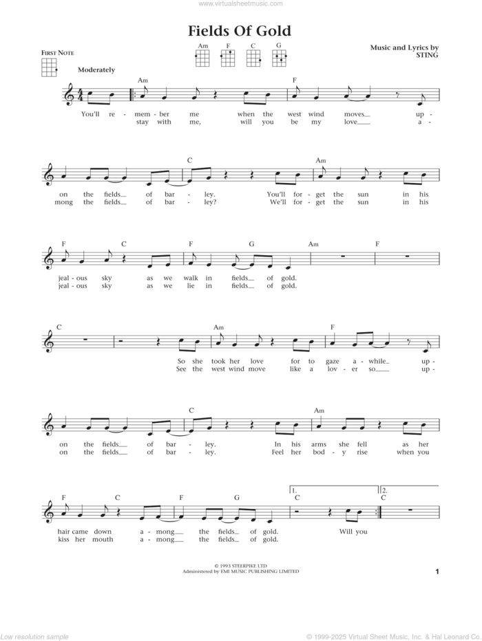 Fields Of Gold (from The Daily Ukulele) (arr. Liz and Jim Beloff) sheet music for ukulele by Sting, Jim Beloff and Liz Beloff, intermediate skill level