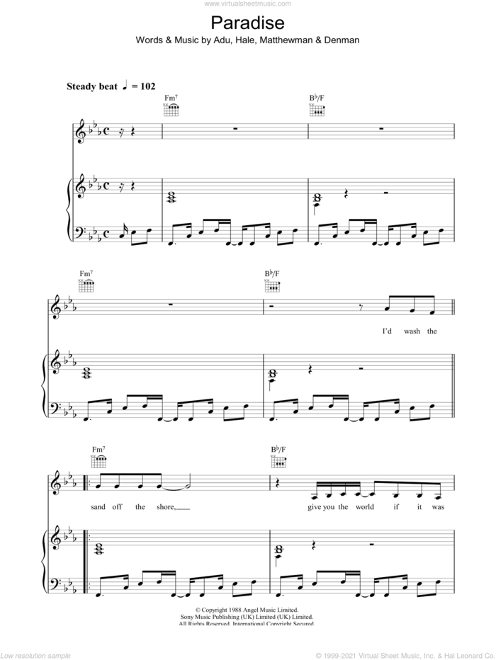 Paradise sheet music for voice, piano or guitar by Sade, Andrew Hale, Paul Spencer Denman, Sade Adu and Stuart Matthewman, intermediate skill level