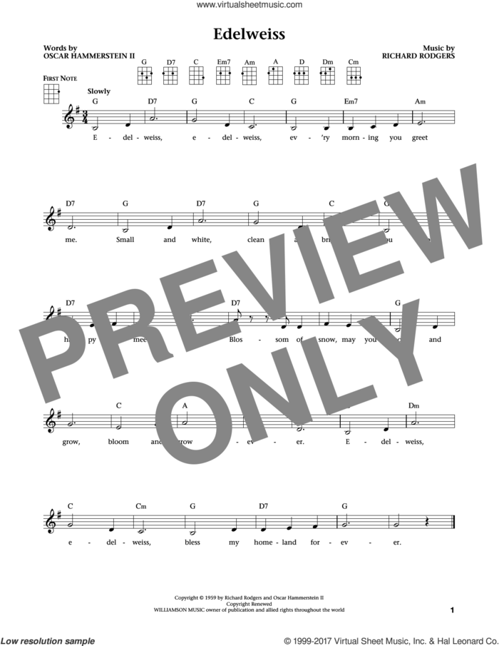 Edelweiss (from The Daily Ukulele) (arr. Liz and Jim Beloff) sheet music for ukulele by Rodgers & Hammerstein, Jim Beloff, Liz Beloff, Oscar II Hammerstein and Richard Rodgers, intermediate skill level
