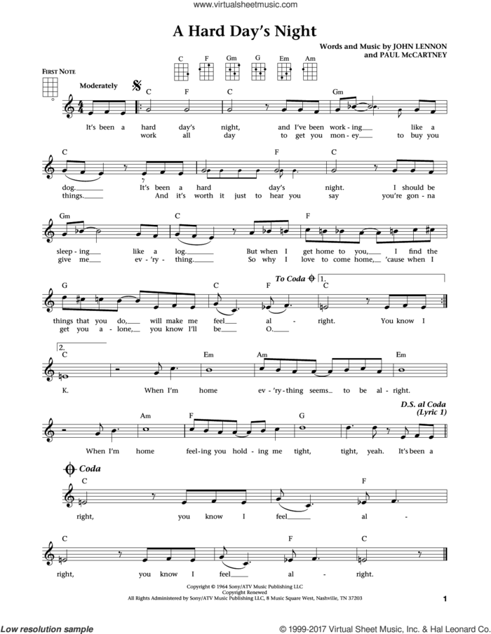 A Hard Day's Night (from The Daily Ukulele) (arr. Liz and Jim Beloff) sheet music for ukulele by The Beatles, Jim Beloff, Liz Beloff, John Lennon and Paul McCartney, intermediate skill level