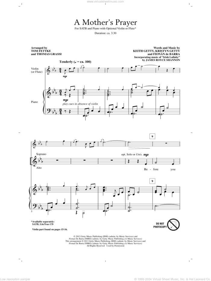 A Mother's Prayer sheet music for choir (SATB: soprano, alto, tenor, bass) by Keith Getty, Tom Fettke, Keith & Kristyn Getty, Thomas Grassi, Fionan De Barra, Fionan de Barra and Kristyn Getty, intermediate skill level