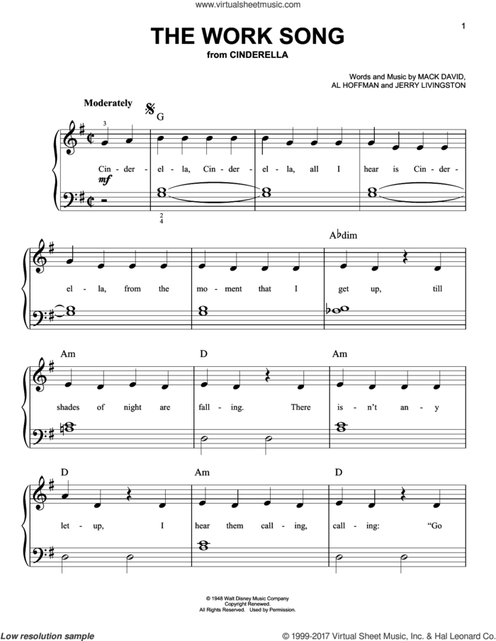 The Work Song sheet music for piano solo by Al Hoffman, Jerry Livingston and Mack David, easy skill level