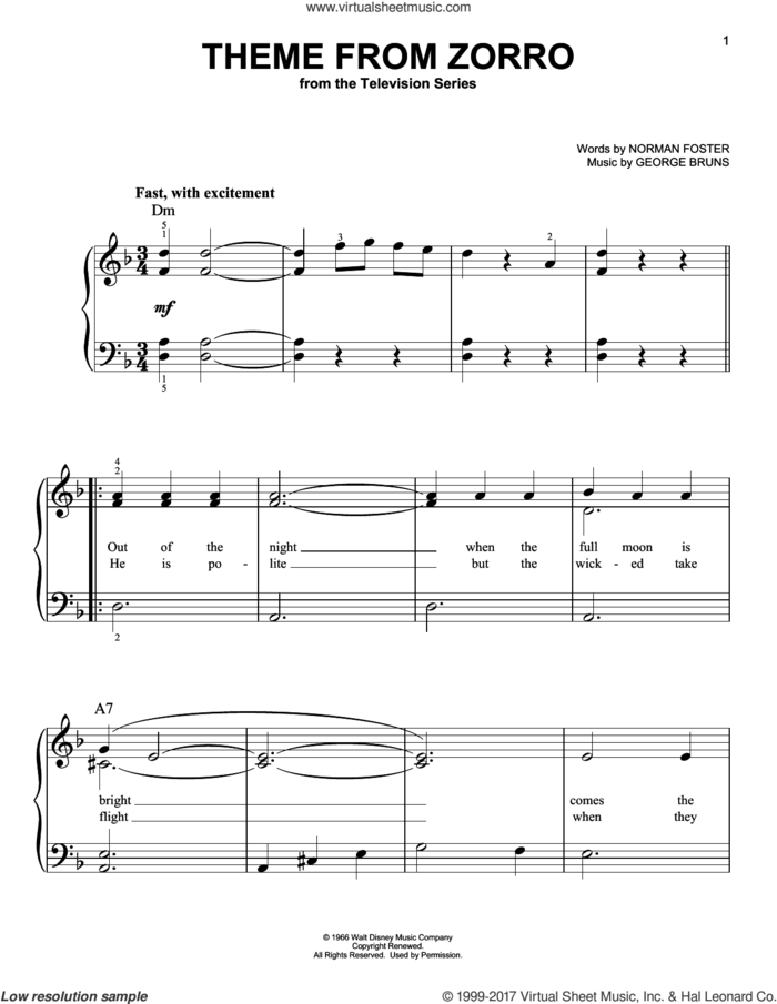 Theme From Zorro sheet music for piano solo by George Bruns and Norman Foster, easy skill level