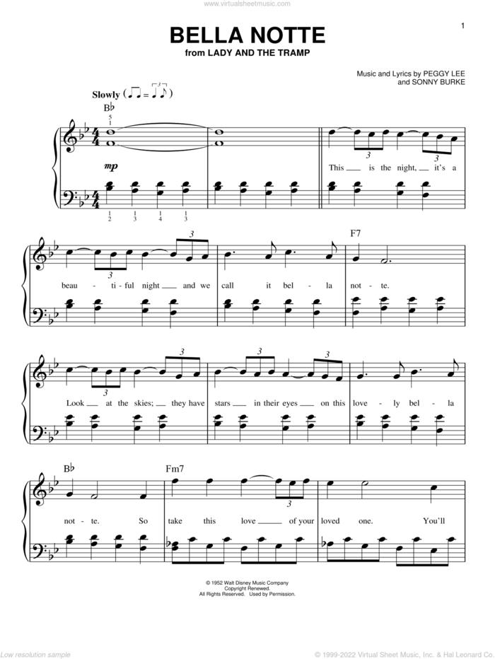Bella Notte (This Is The Night) (from Lady And The Tramp), (easy) (This Is The Night) sheet music for piano solo by Peggy Lee and Sonny Burke, easy skill level