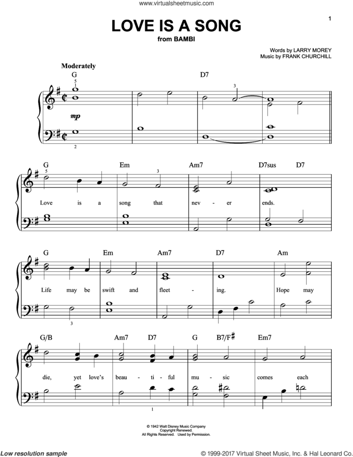 Love Is A Song sheet music for piano solo by Larry Morey and Frank Churchill, easy skill level