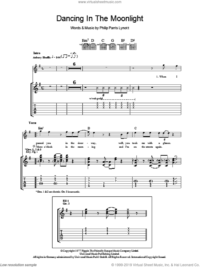 Dancing In The Moonlight sheet music for guitar (tablature) by Thin Lizzy and Phil Lynott, intermediate skill level
