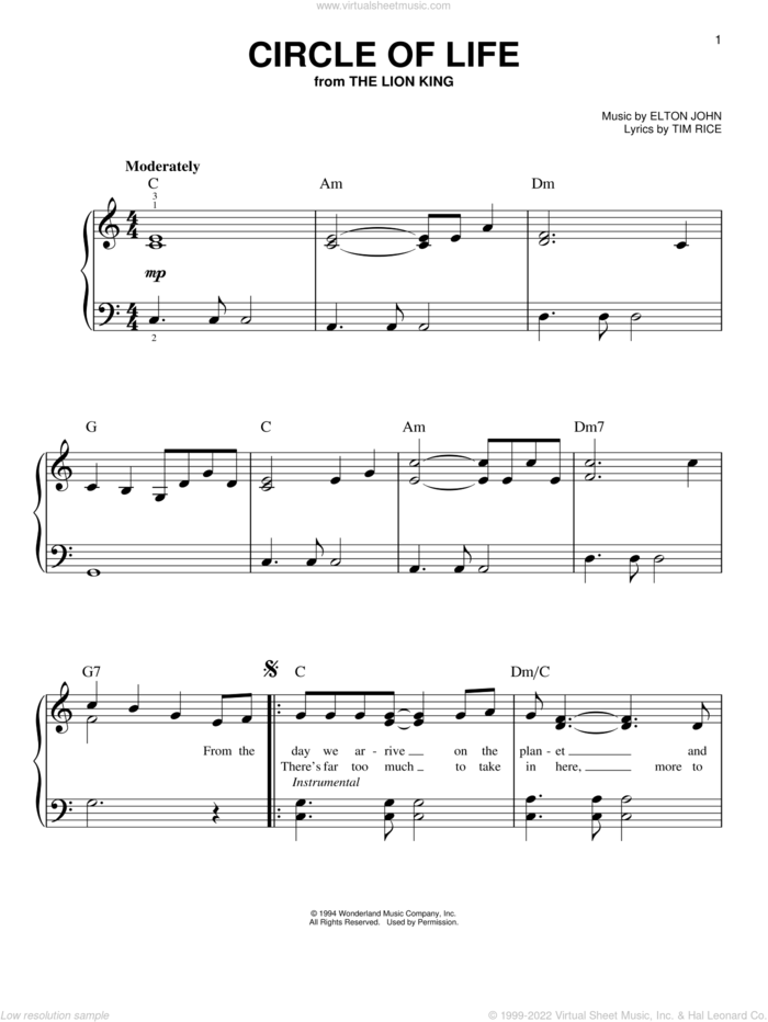 Circle Of Life (from The Lion King), (easy) sheet music for piano solo by Elton John and Tim Rice, easy skill level