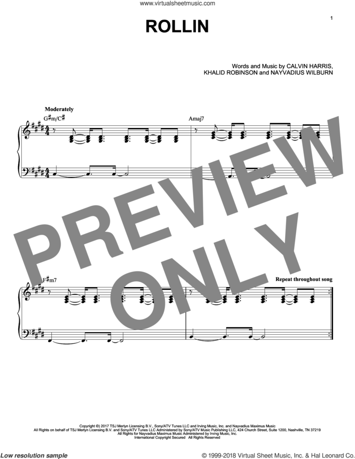 Rollin sheet music for piano solo by Calvin Harris feat. Future and Khalid and Calvin Harris, intermediate skill level