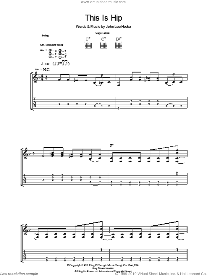 This Is Hip sheet music for guitar (tablature) by John Lee Hooker, intermediate skill level
