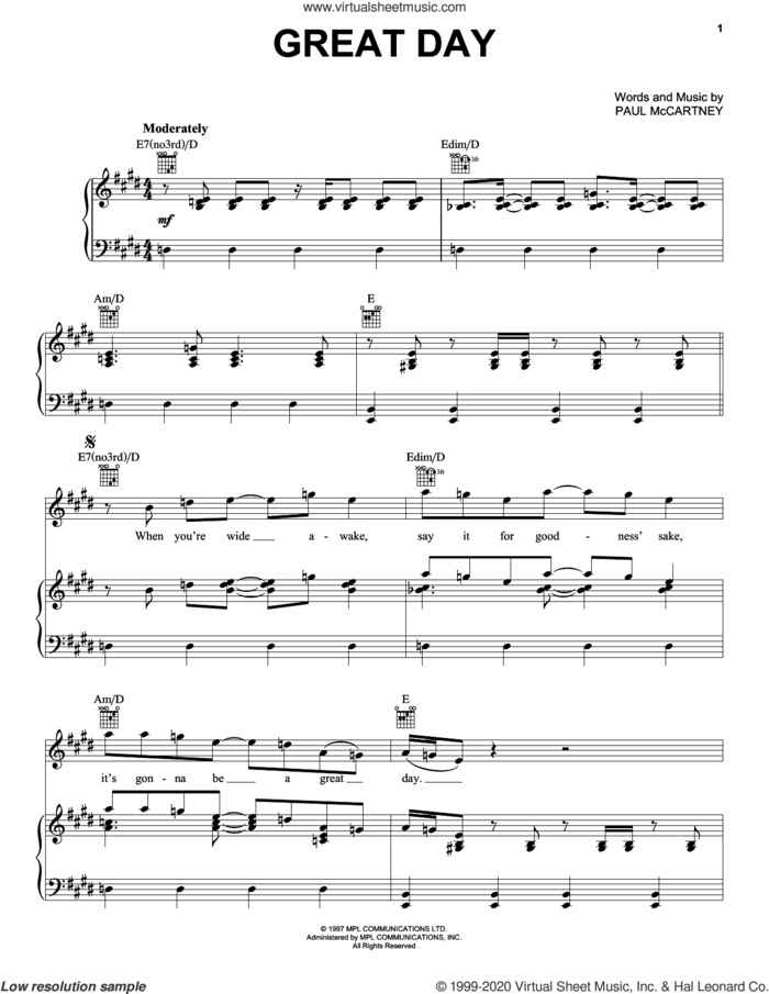 Great Day sheet music for voice, piano or guitar by Paul McCartney, intermediate skill level