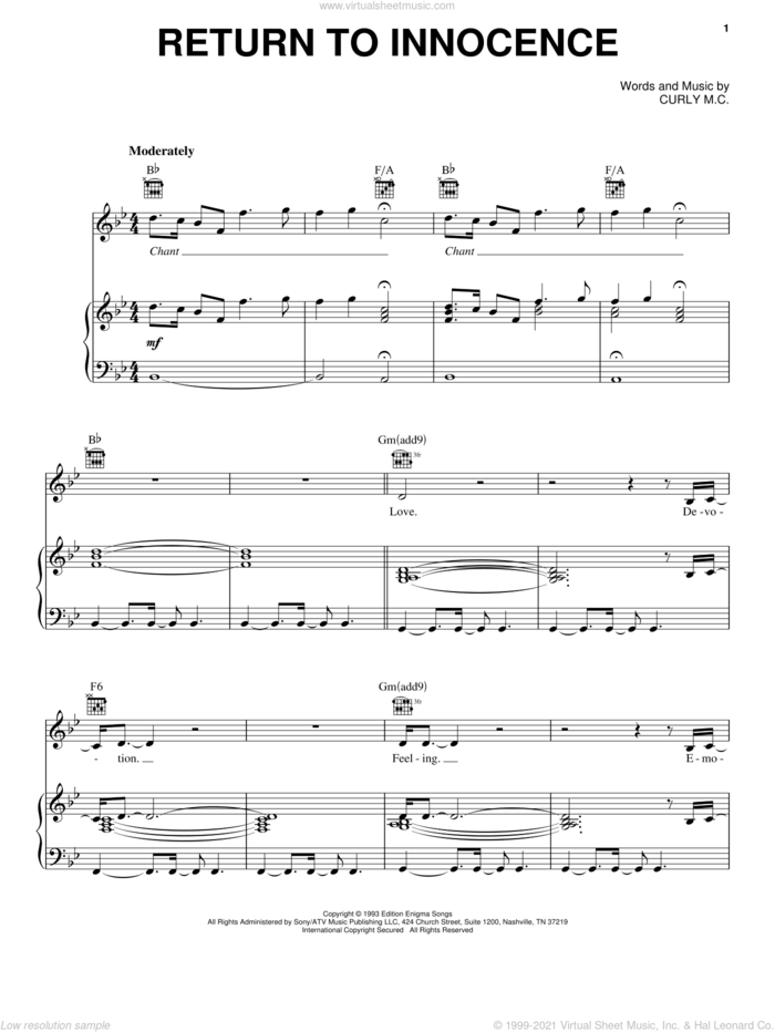 Return To Innocence sheet music for voice, piano or guitar by Enigma and Curly M.C., intermediate skill level