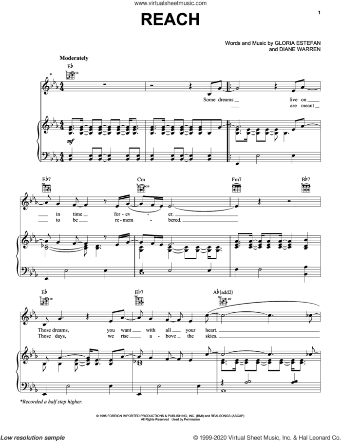 Reach sheet music for voice, piano or guitar by Gloria Estefan and Diane Warren, intermediate skill level