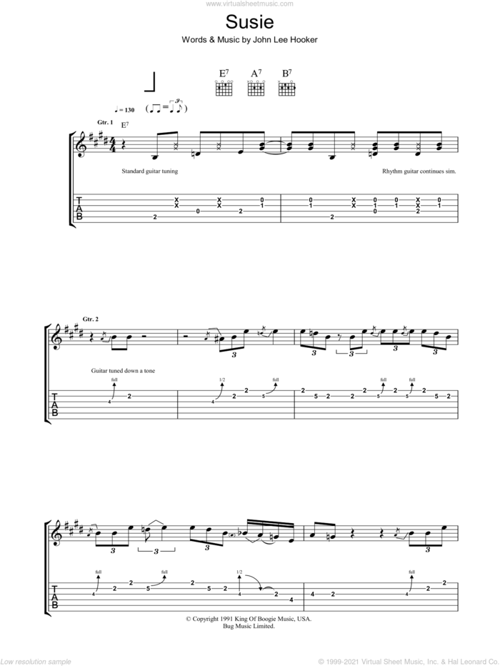 Susie sheet music for guitar (tablature) by John Lee Hooker, intermediate skill level