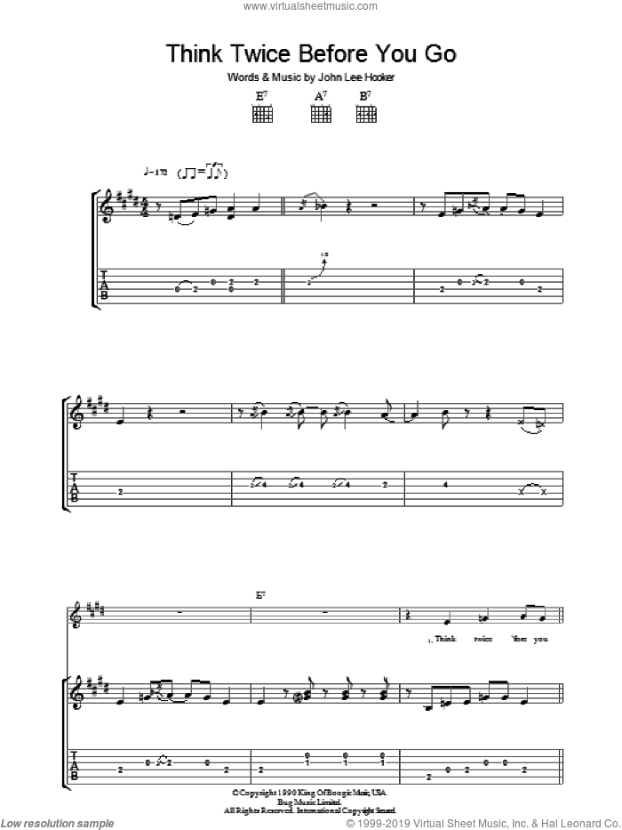 Think Twice Before You Go sheet music for guitar (tablature) by John Lee Hooker, intermediate skill level