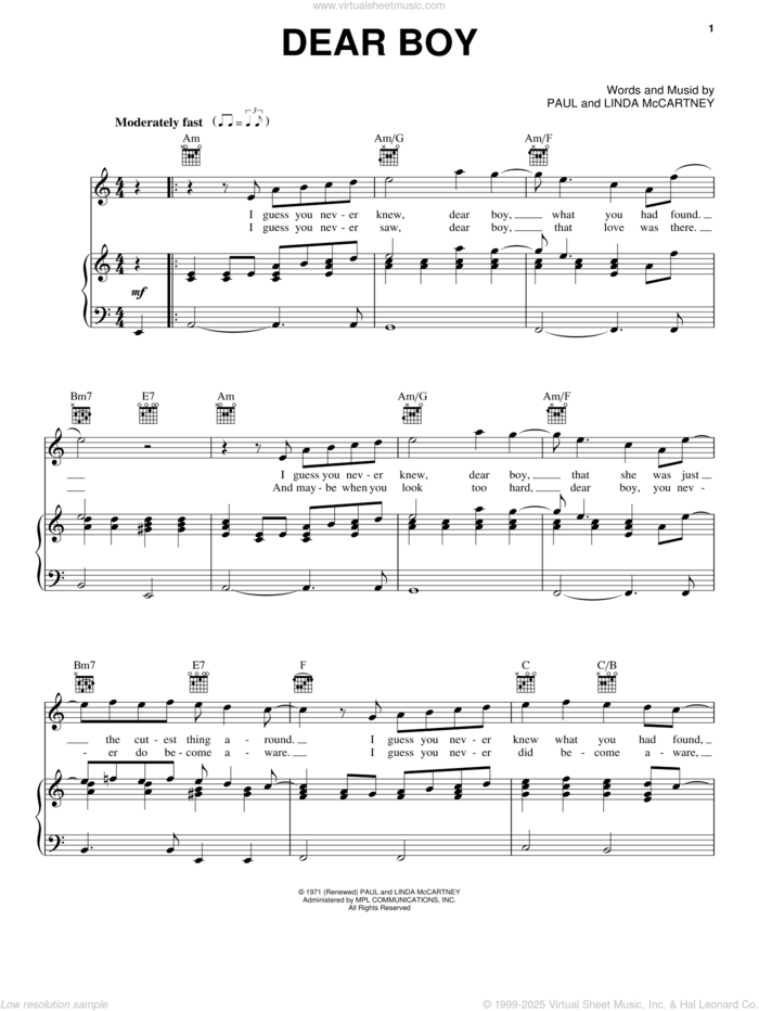 Dear Boy sheet music for voice, piano or guitar by Paul McCartney and Linda McCartney, intermediate skill level