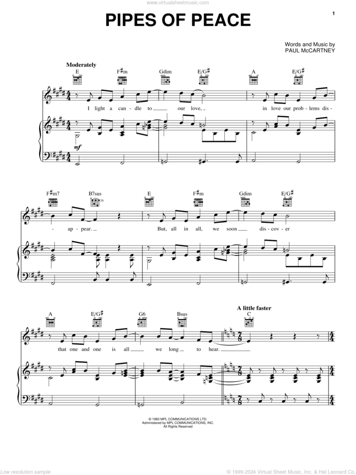 Pipes Of Peace sheet music for voice, piano or guitar by Paul McCartney, intermediate skill level