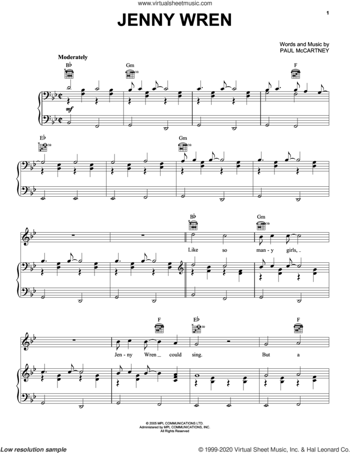 Jenny Wren sheet music for voice, piano or guitar by Paul McCartney, intermediate skill level