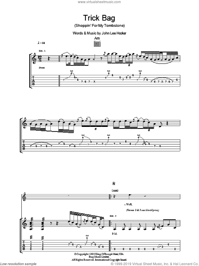 Trick Bag (Shopping For My Tombstone) sheet music for guitar (tablature) by John Lee Hooker, intermediate skill level