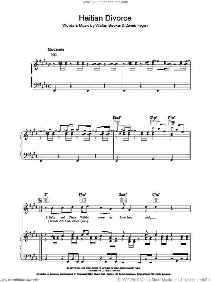 Haitian Divorce sheet music for voice, piano or guitar by Steely Dan, Donald Fagen and Walter Becker, intermediate skill level