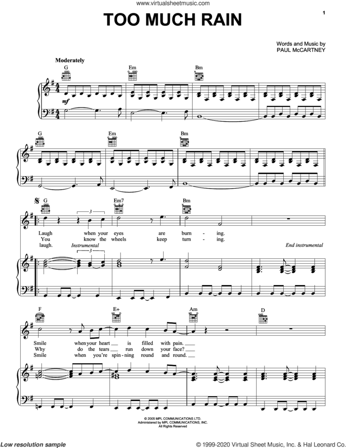 Too Much Rain sheet music for voice, piano or guitar by Paul McCartney, intermediate skill level
