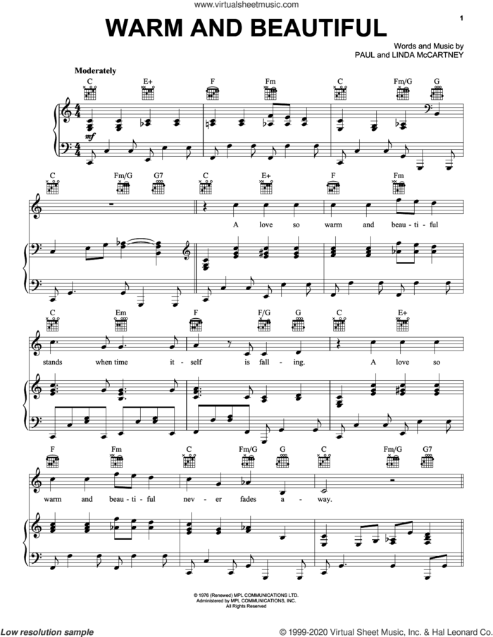 Warm And Beautiful sheet music for voice, piano or guitar by Paul McCartney, Wings and Linda McCartney, intermediate skill level