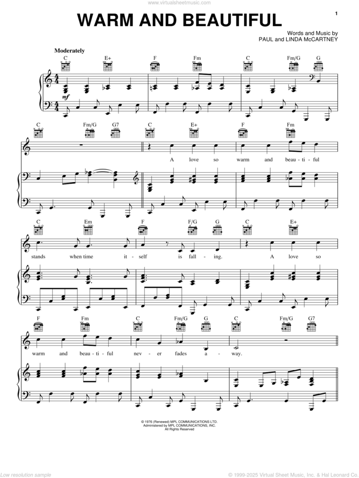 Warm And Beautiful sheet music for voice, piano or guitar by Paul McCartney, Wings and Linda McCartney, intermediate skill level