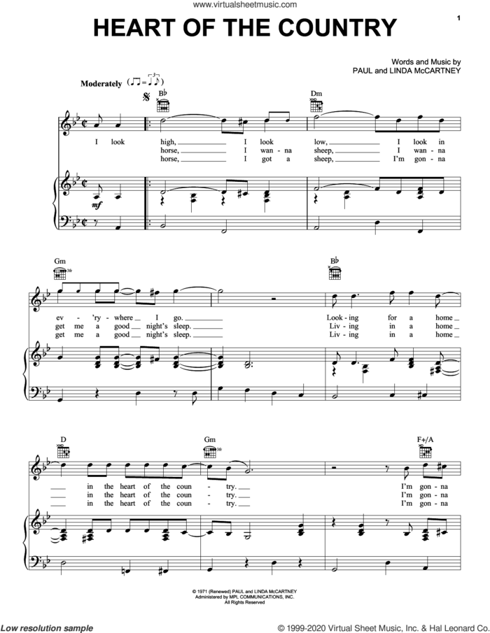 Heart Of The Country sheet music for voice, piano or guitar by Paul McCartney and Linda McCartney, intermediate skill level