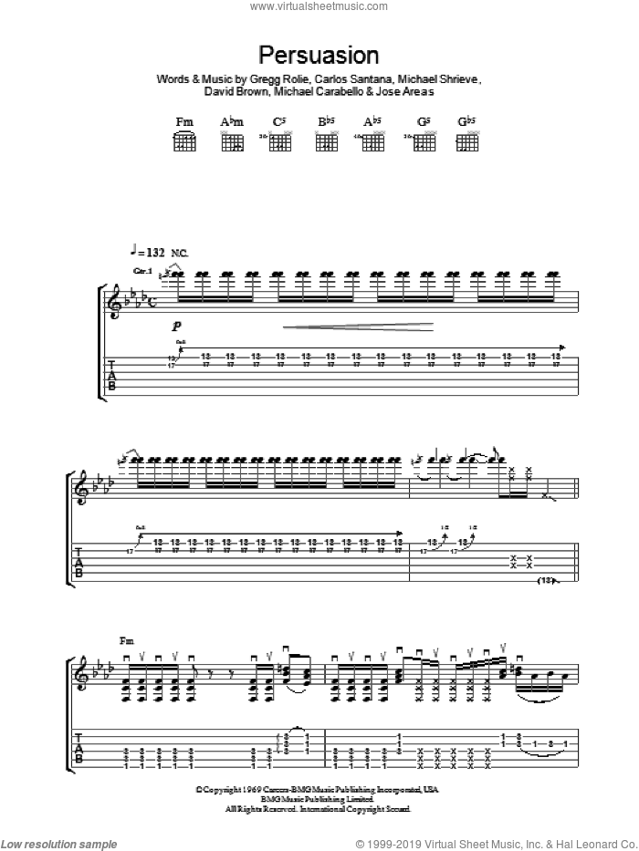 Persuasion sheet music for guitar (tablature) by Carlos Santana, David Brown, Gregg Rolie, Jose Areas, Michael Carabello and Michael Shrieve, intermediate skill level