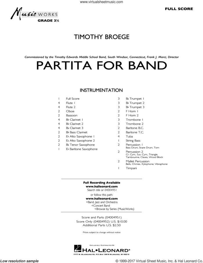 Partita for Band (COMPLETE) sheet music for concert band by Timothy Broege, intermediate skill level
