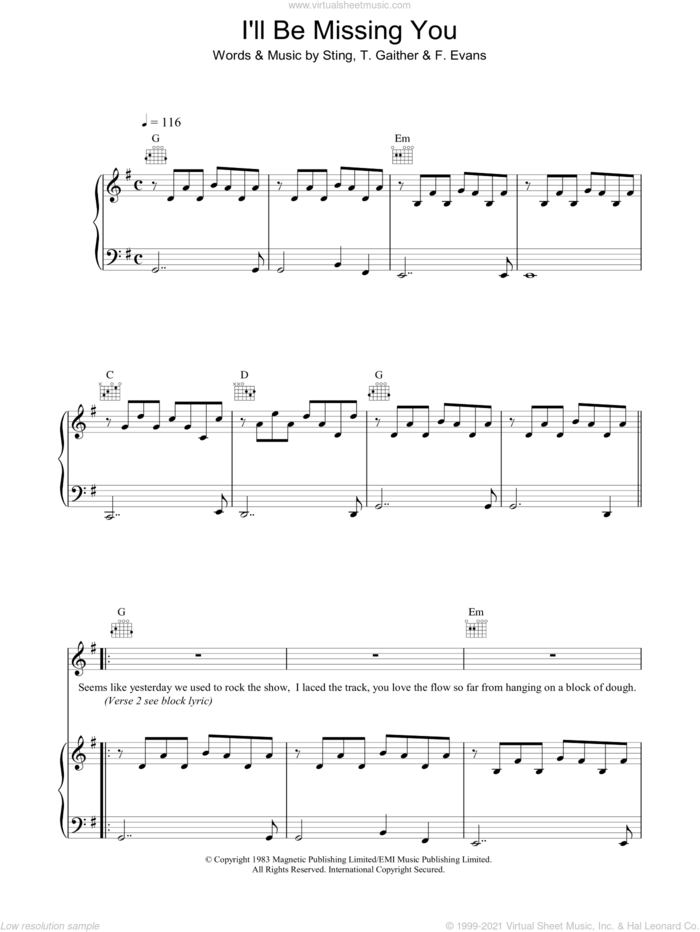 I'll Be Missing You sheet music for voice, piano or guitar by Faith Evans, Puff Daddy and Sting, intermediate skill level