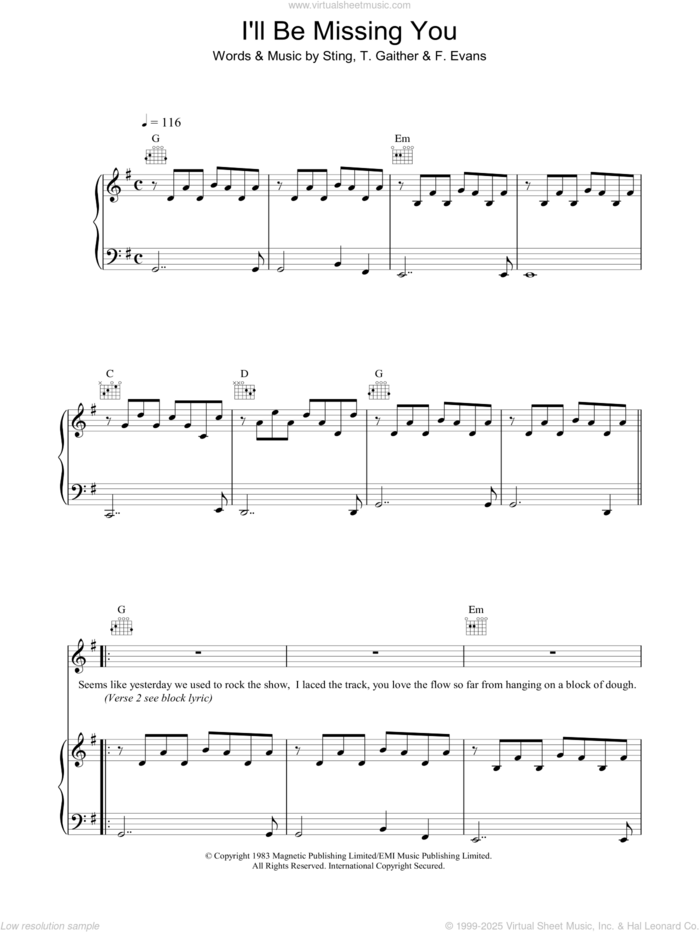 I'll Be Missing You sheet music for voice, piano or guitar by Faith Evans, Puff Daddy and Sting, intermediate skill level