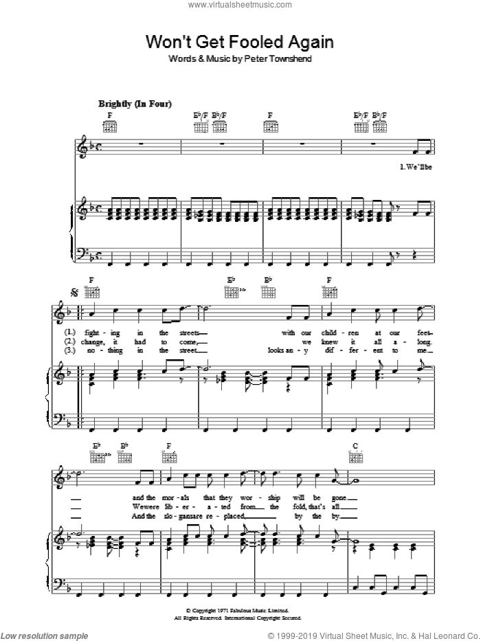 Won't Get Fooled Again sheet music for voice, piano or guitar by The Who and Pete Townshend, intermediate skill level