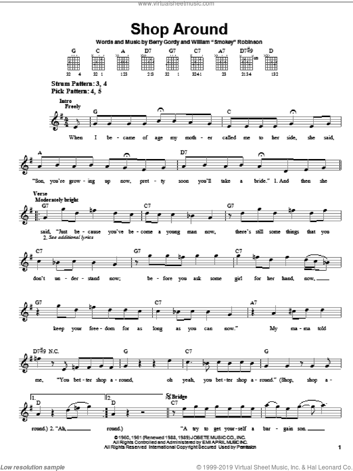 Shop Around sheet music for guitar solo (chords) by Smokey Robinson & The Miracles, Captain & Tennille, The Miracles and Berry Gordy, easy guitar (chords)