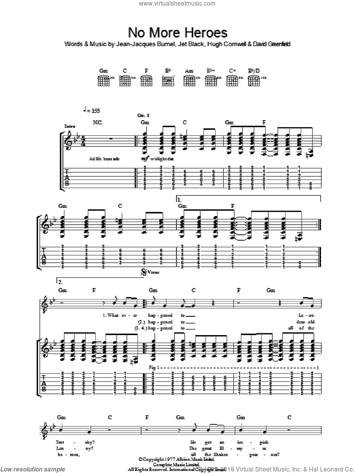 No More Heroes sheet music for guitar (tablature) by The Stranglers, David Greenfield, Hugh Cornwell, Jean-Jacques Burnel and Jet Black, intermediate skill level