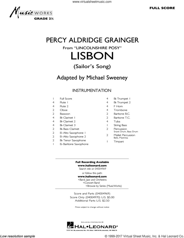 Lisbon (from Lincolnshire Posy) (COMPLETE) sheet music for concert band by Michael Sweeney and Percy Aldridge Grainger, intermediate skill level