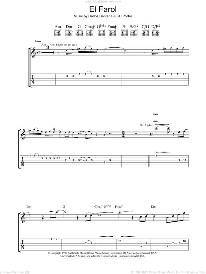 El Farol sheet music for guitar (tablature) by Carlos Santana and KC Porter, intermediate skill level